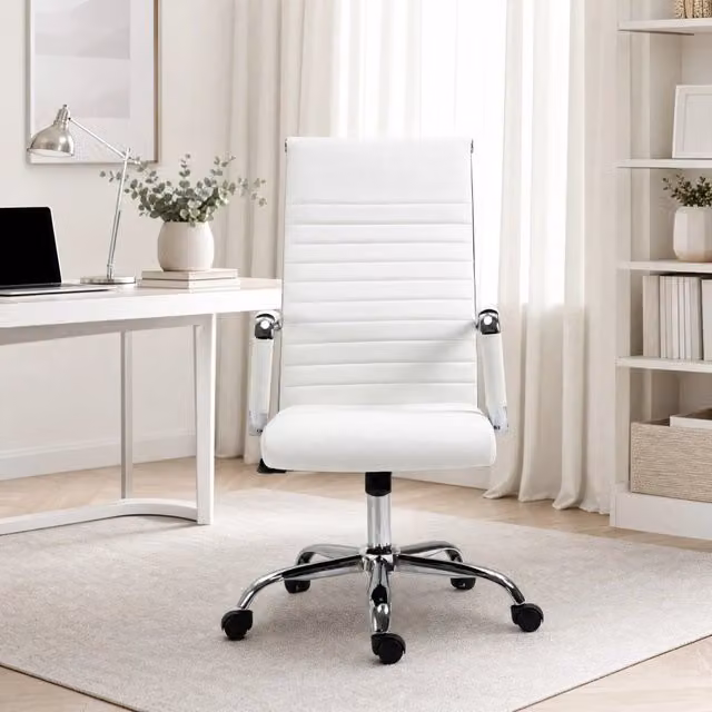 Sedia da ufficio ergonomica con funzione dondolo, ruote girevoli a 360°, struttura in acciaio, rivestimento in ecopelle bianca, portata 120 kg, 54x62x104-114 cm