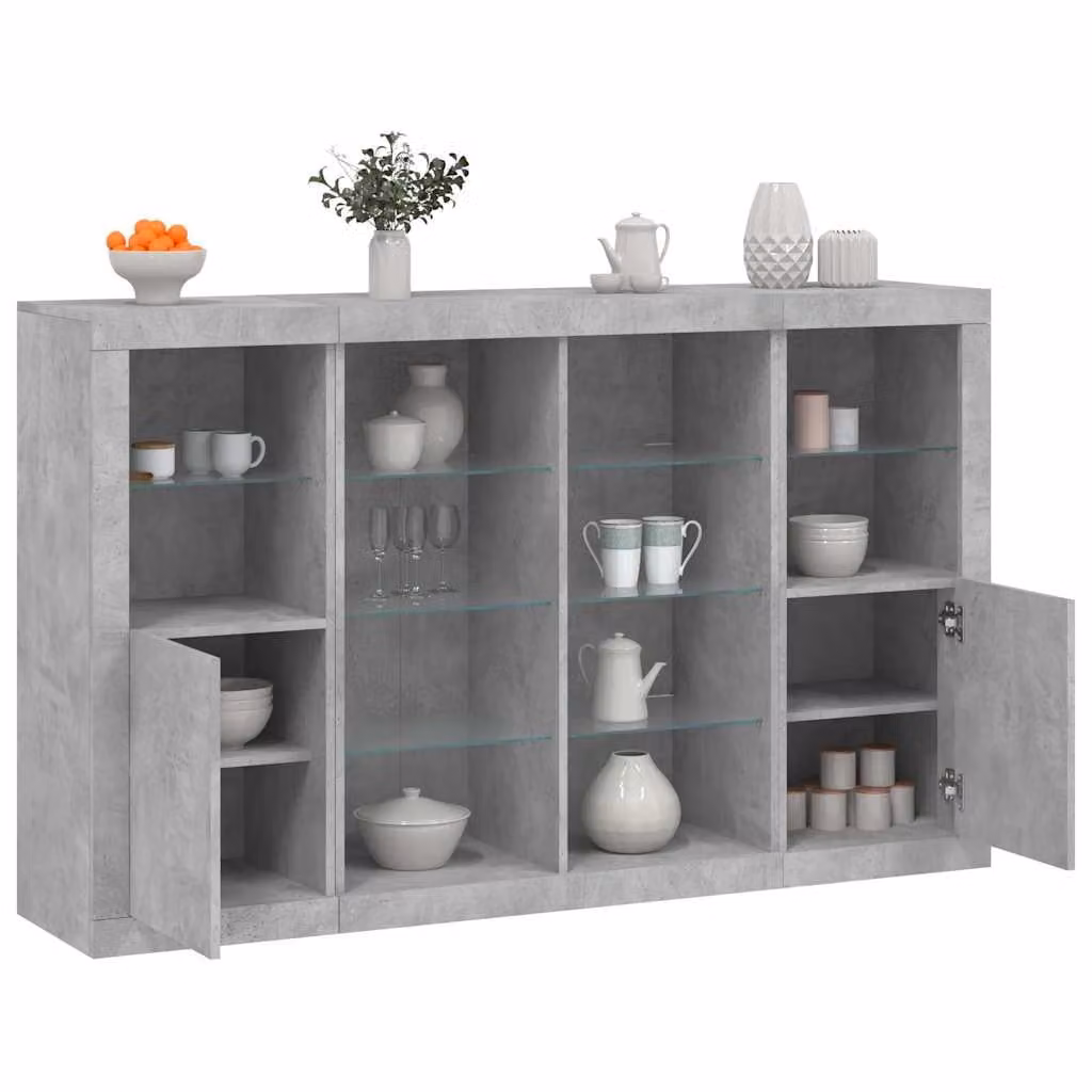 Set di 3 credenze moderne vidaXL con luci LED integrate in legno e MDF, colore grigio cemento opaco