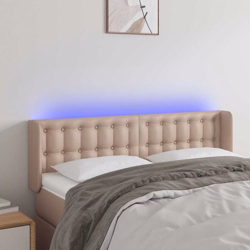 Testiera per letto vidaXL in similpelle color cappuccino con illuminazione LED e porta di ricarica USB, L 147 cm x P 16 cm x H 78/88 cm