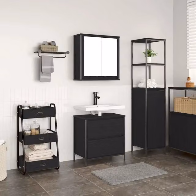 Set Mobili da Bagno Moderno vidaXL in Legno e Metallo Nero, Composto da Base Lavabo e Pensile a Parete – 1