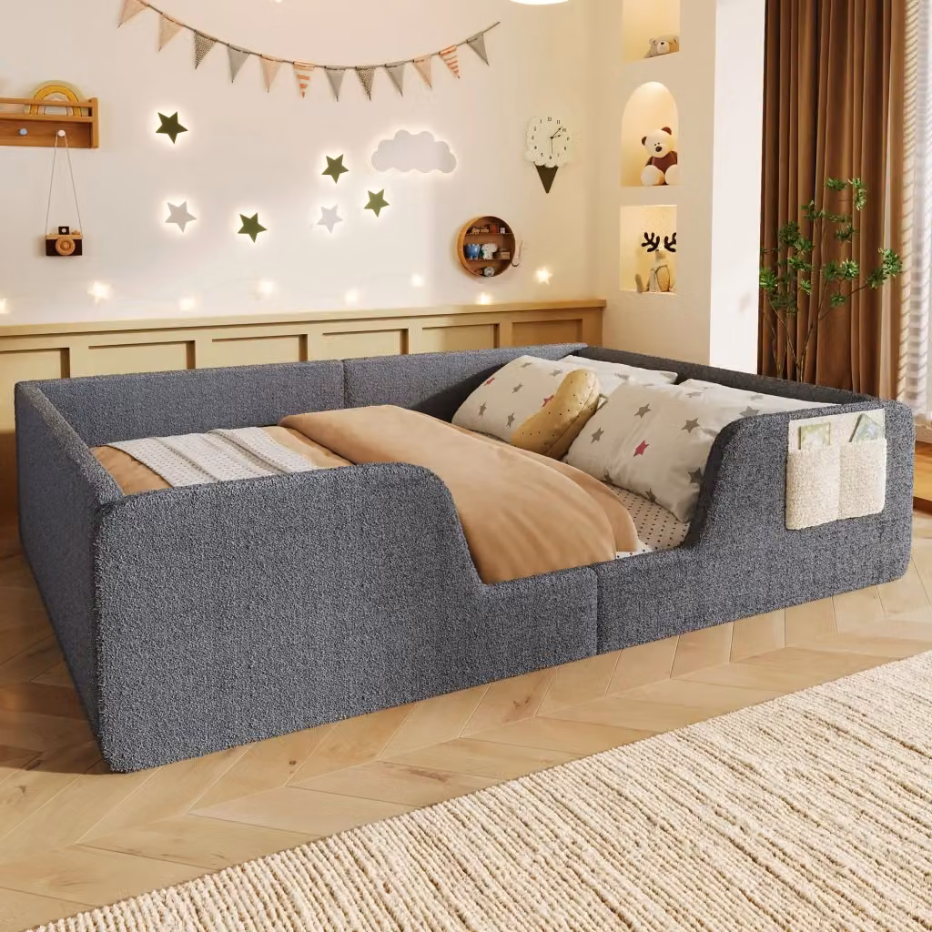 Letto imbottito REDOM in velluto grigio con scomparti laterali L/P: 140 x 190 cm – 2