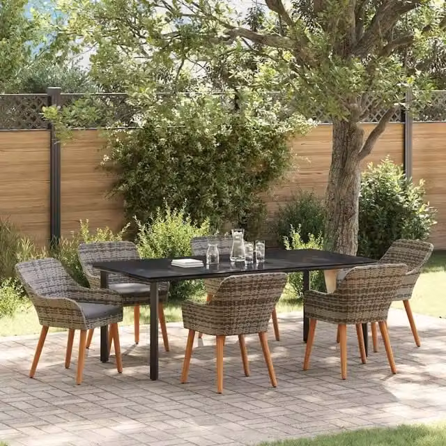 Set da pranzo per giardino e terrazzo vidaXL in polyrattan e vetro grigio, 7 pezzi