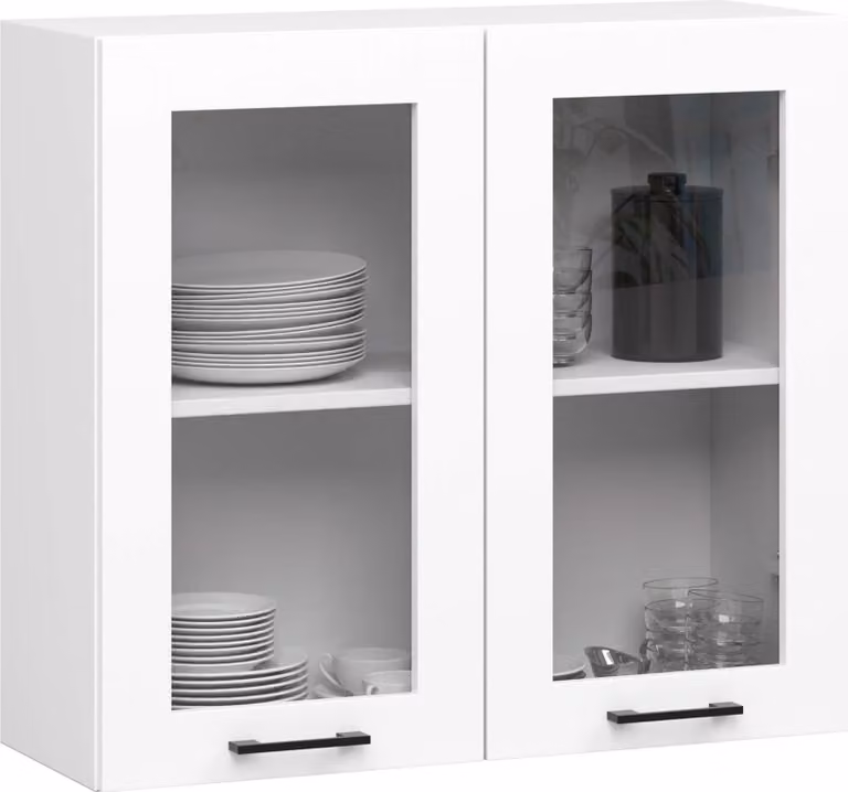 raumhirsch: Mobiletto da cucina a parete, modello OLIWIA W80, vetrina con 2 ante, finitura rovere "Artisan" opaco, bianco, dimensioni 80x30,5x58 cm