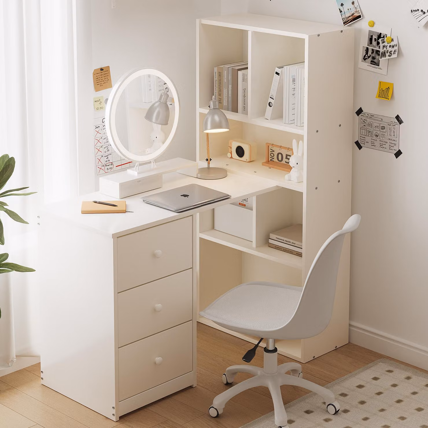 Scrivania angolare Merax con libreria, scrivania con 4 ripiani e 3 cassetti, salvaspazio, bianco
