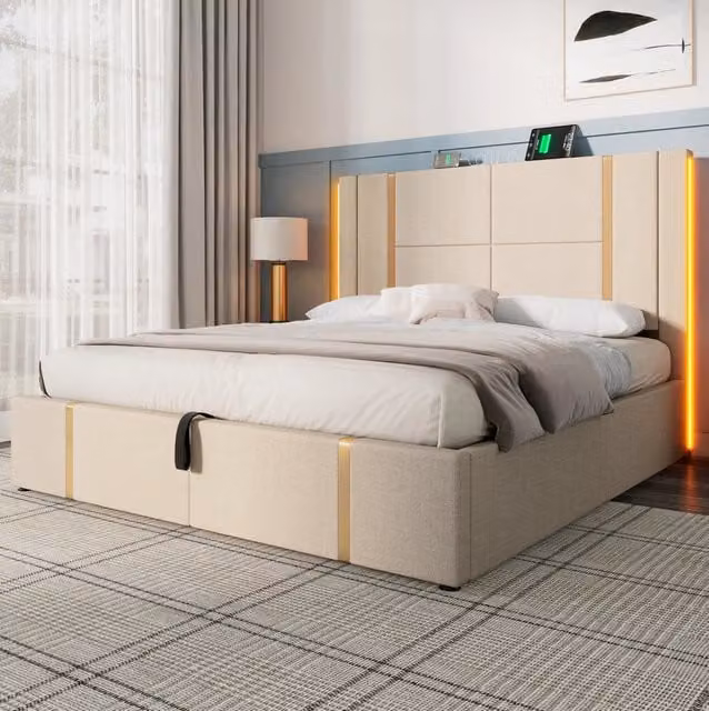 Letto matrimoniale 160x200 cm; rete contenitore con ricarica USB e LED; lino beige (Senza materasso)