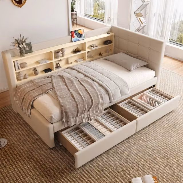 Daybett 90x200 cm in lino beige con 2 cassetti, USB e porta Tipo-C, con più ripiani e rete a doghe senza materasso