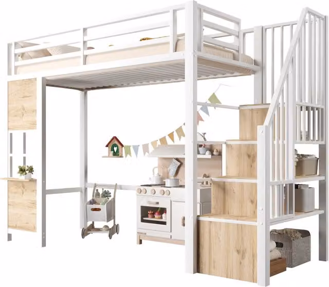 Letto a soppalco singolo Chicfurn bianco con scala contenitore, ripiano laterale e struttura in legno, metallo e MDF, L/P: 90 x 200 cm – 1