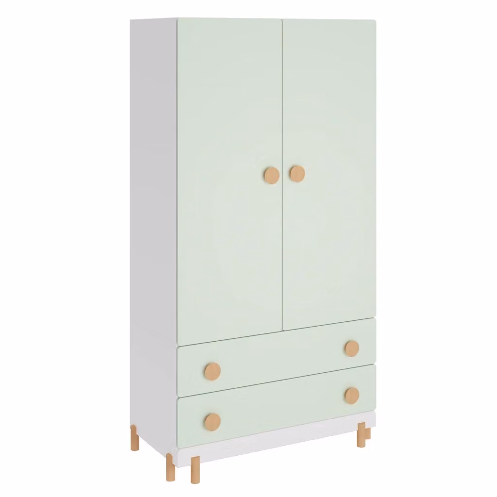 Armadio per cameretta Vaarentaa en.casa con 2 ante e 2 cassetti, stile scandinavo, Bianco/Verde Menta, H 156 cm x L 80 cm x P 41 cm – 2