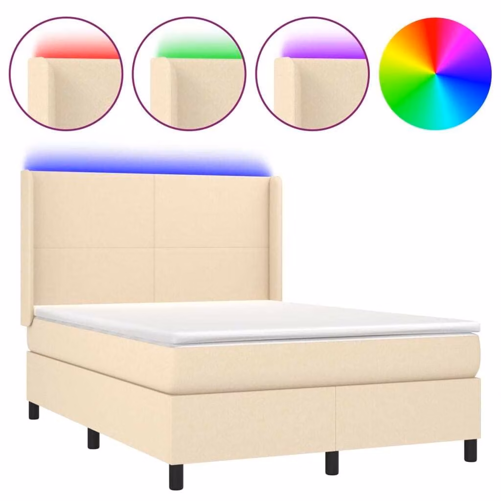 Letto a Molle con Materasso e LED Crema 140x200 cm in Tessuto