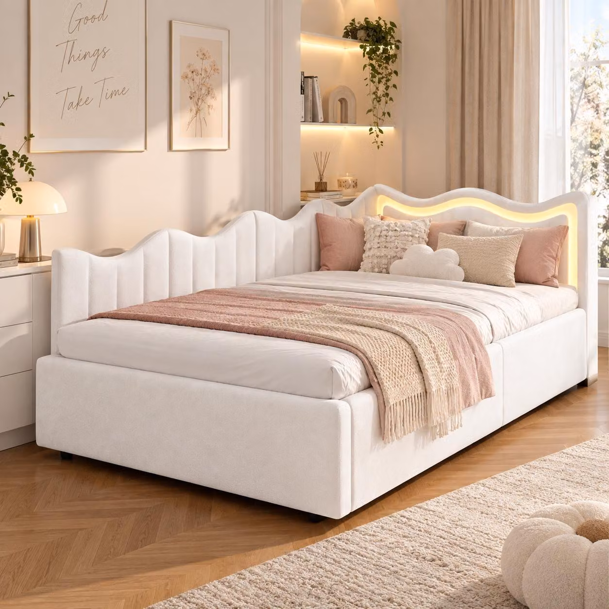 Letto imbottito trasformabile in divano letto, dimensioni 90x200 cm, con illuminazione LED, contenitore a sollevamento idraulico, letto per ragazzi/bambini con testiera e rete a doghe, rivestito in velluto bianco