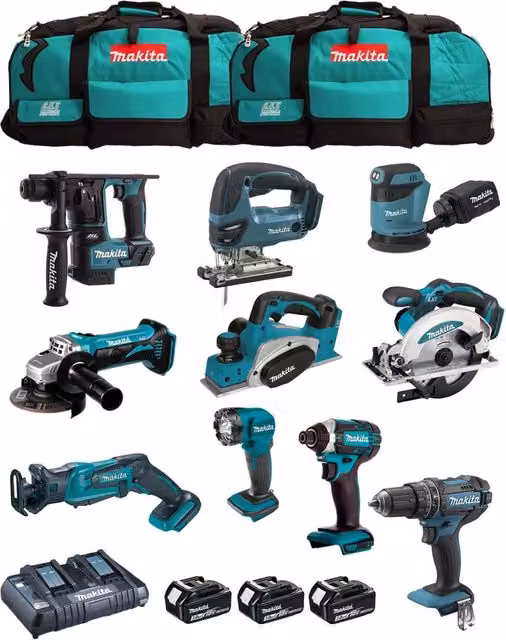 Kit utensili elettrici a batteria Makita MK1003 con 11 macchine, 3 batterie da 3,0 Ah e 2 caricabatterie LXT600