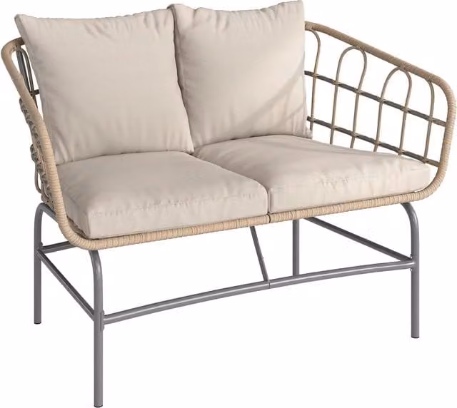 Divano da Giardino 2 Posti ¨C Minimal ¨C Resina Intrecciata Cuscini Spessi 120x67x79 Marrone