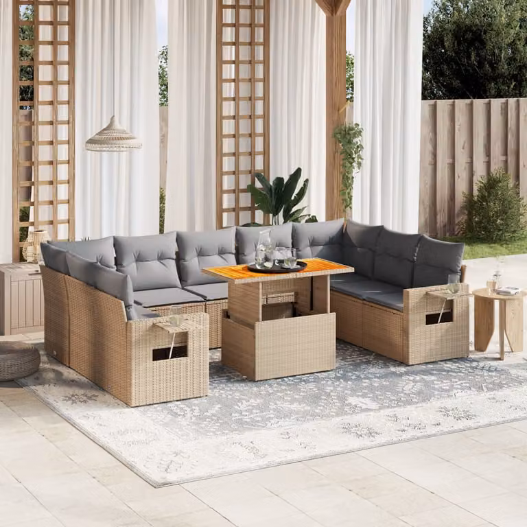 vidaXL Set Divano da Giardino 10 pz in Polyrattan con Cuscini Beige e Grigio e Tavolino da Esterno