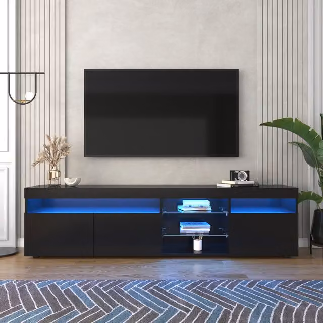 Mobile TV moderno Aosom con illuminazione LED integrata e finitura lucida, Nero, L: 180 cm, P: 45 cm, H: 35 cm