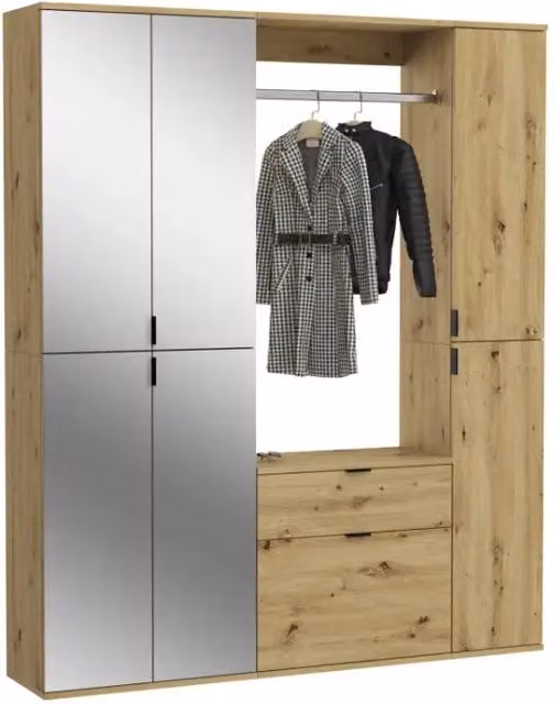 Armadio con 6 porte con specchi + appendiabiti e cassetti - Rovere chiaro - BODITE
