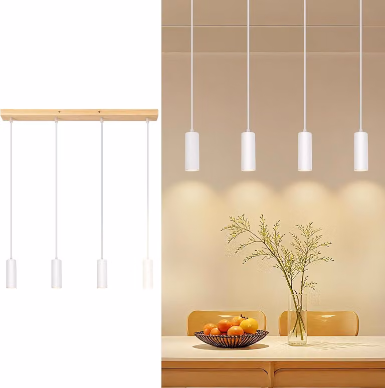 Lampada a sospensione ZMH, ideale per la sala da pranzo, con 4 luci, struttura in legno, tecnologia LED, attacco GU10, finitura metallica opaca, altezza regolabile, design moderno, adatta per interni, colore bianco