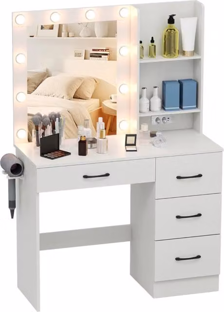 Tavolo da vanit¨¤ con specchio e luci, Tavolo da trucco con stazione di ricarica luci led Bianco