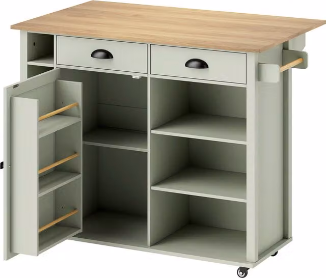 HOMCOM Isola Cucina con Piano Ribaltabile, Carrello Cucina con 5 Ruote, Portaspezie, Ripiani Regolabili, 2 Cassetti, Scomparti Aperti e Portasciugamani, Multiuso per Sala da Pranzo, Verde Chiaro   Aosom Italy