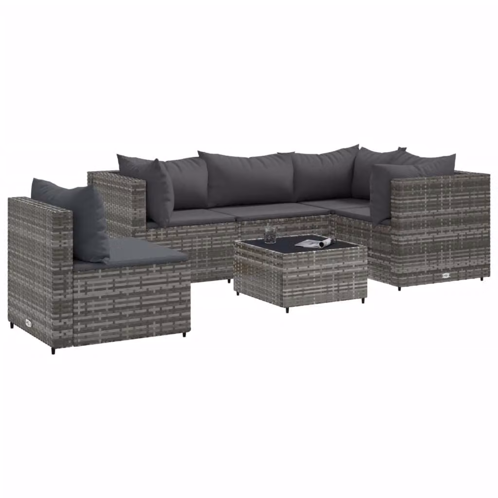 Set Divani da Giardino 6 pz con Cuscini in Polyrattan Grigio