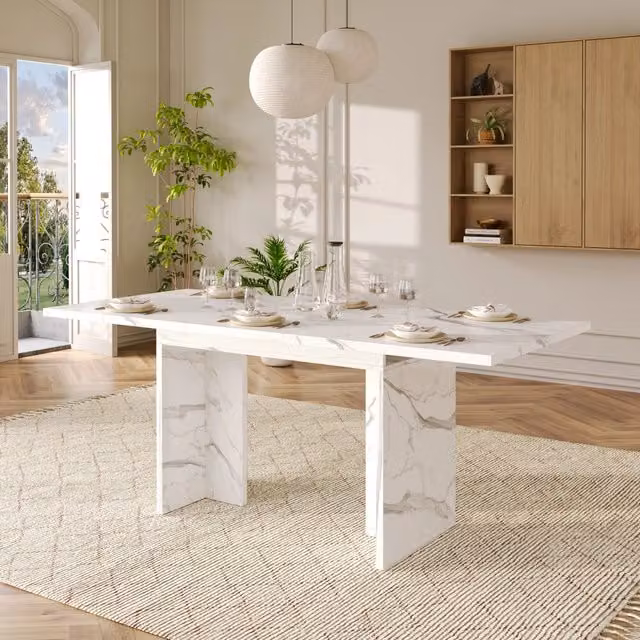 Tavolo da pranzo allungabile per 6-8 persone con piano da 30 mm e vano per prolunga, MDF marmo bianco, 140–180 × 80 cm
