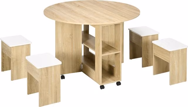 Set Tavolo e 4 Sgabelli Moderno HOMCOM in MDF e Truciolato, Tavolo Rotondo con 2 Ripiani Aperti, Colore Marrone e Beige