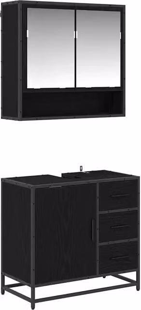 Set di mobili per il bagno composto da mobile lavabo e armadietto con specchio in legno e metallo nero opaco, design minimalista, sospeso