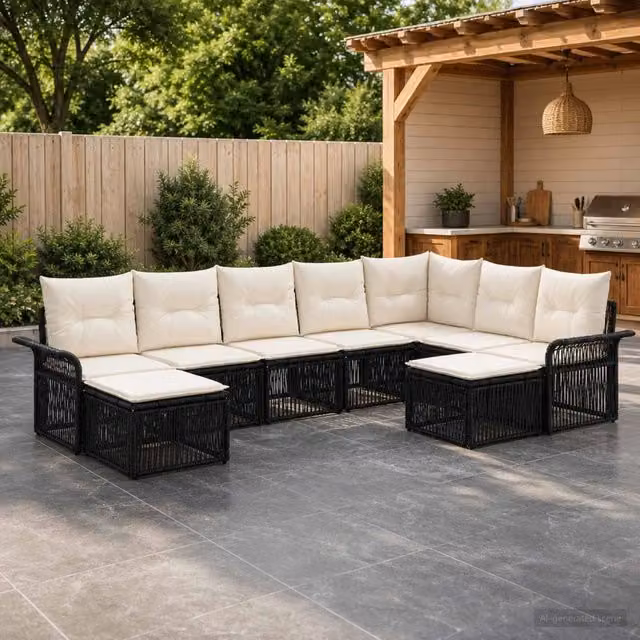Set Divano da Giardino 9 pz Nero e Bianco Crema polyrattan 3435016