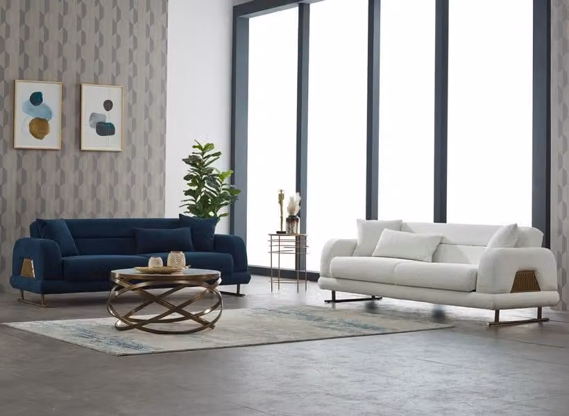 Komplette Couch Dreisitzer Sofa 3 Sitz Stoffsofa Polstersofa Blau Weiß