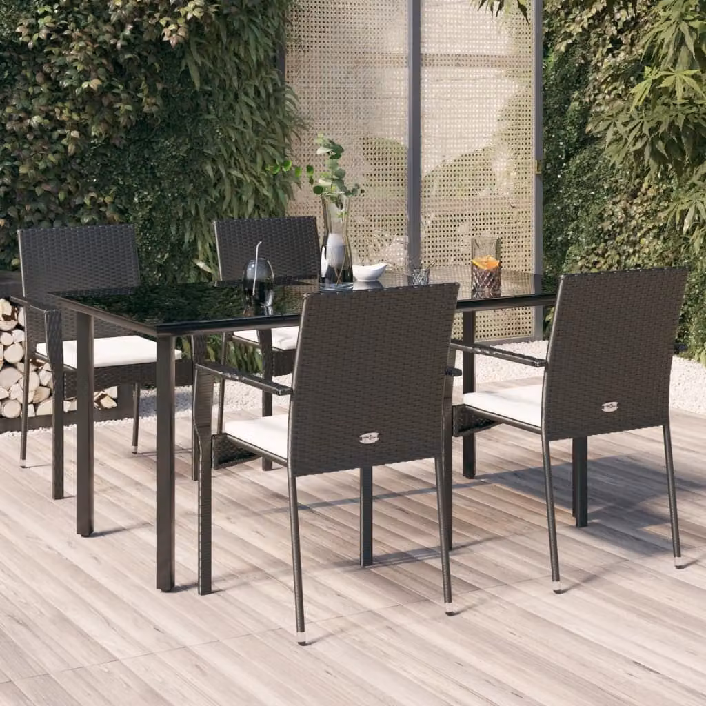 Set da pranzo da giardino moderno vidaXL in polyrattan nero con tavolo in vetro e 5 sedie con cuscini