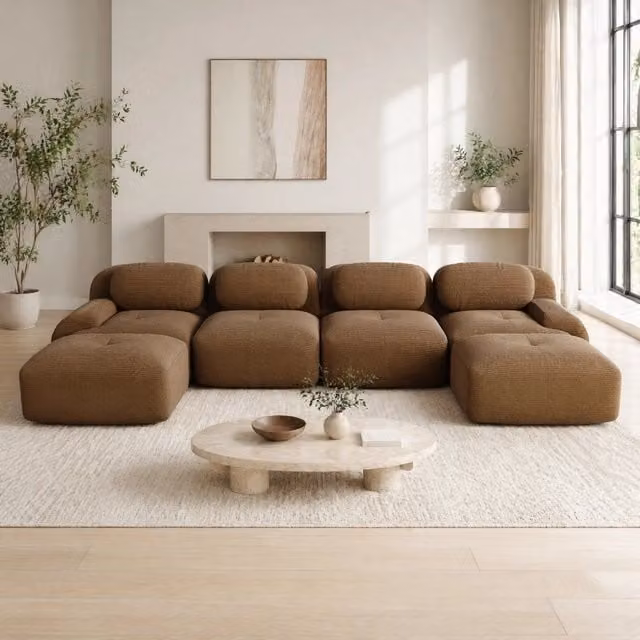 Divano modulare a U 388x178x70 cm in corduroy marrone, senza montaggio, per salotti ampi