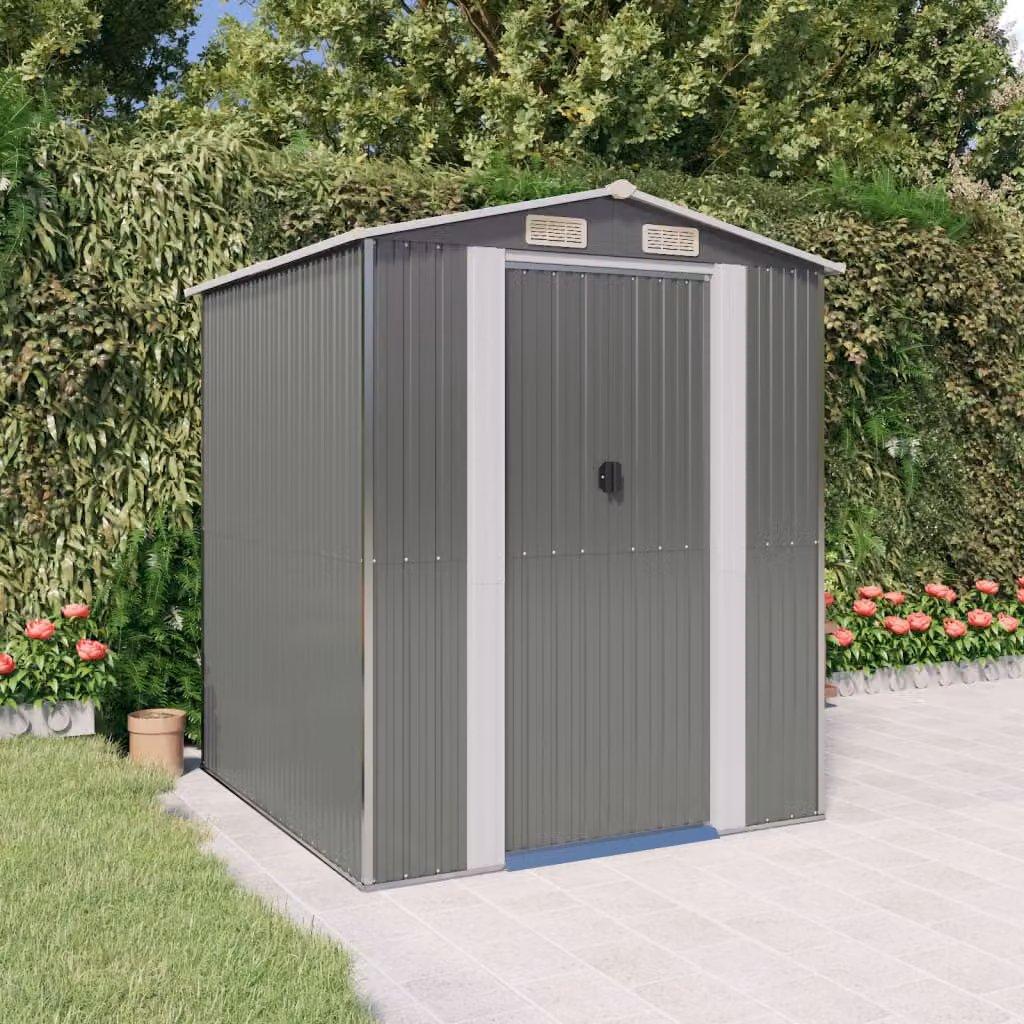 Capanno da giardino vidaXL in acciaio zincato grigio chiaro con tetto a capanna e porta scorrevole L/P/H: 192 x 191 x 223 cm