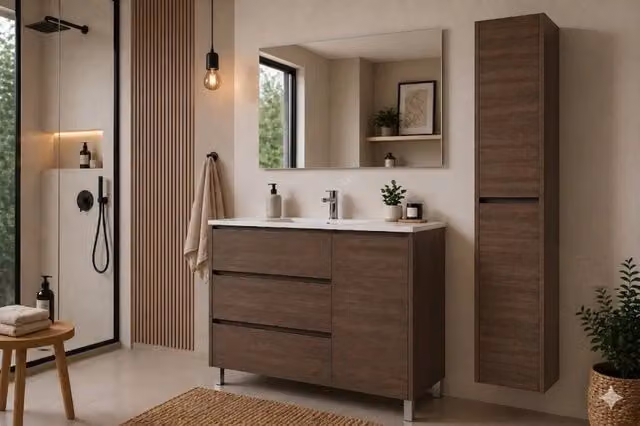 Mobile Bagno VOLUM Già Montato 3 cassetti e porta, lavabo e specchio Frassino tea 80x40 cm con colonna