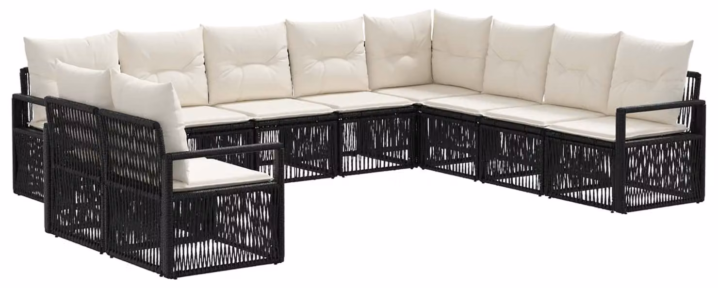 Set da giardino composto da 10 pezzi, colore nero, realizzato in rattan sintetico