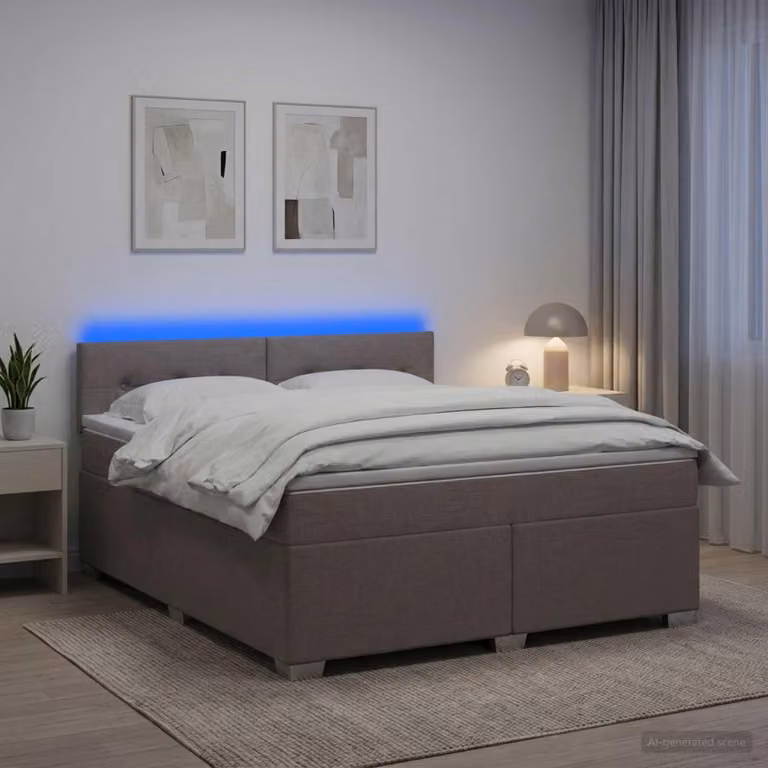 Letto matrimoniale con boxspring, materasso e illuminazione LED color taupe, dimensioni 180 x 200 cm, rivestito in tessuto