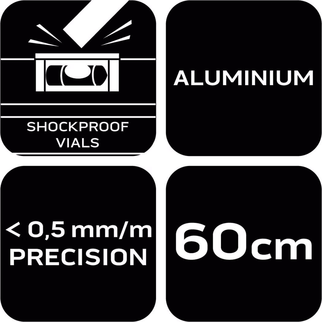 NEO TOOLS livella in alluminio, 0,5 mm/m 40, 60, 80, 100, 120, 150, 200 cm livella a bolla con attacco antiurto - 60 cm