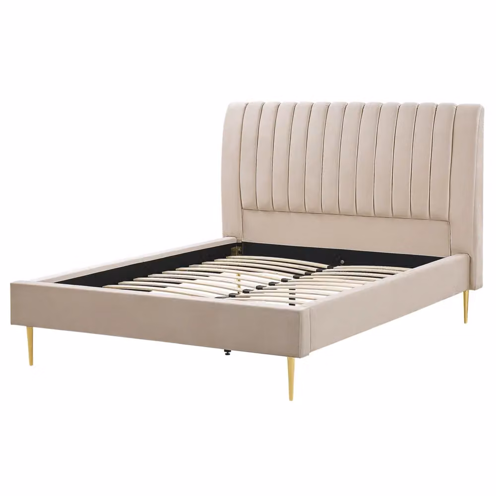 Letto imbottito Beliani in velluto beige e oro con rete a doghe in legno L/P/H: 225 x 140 x 124 cm – 2