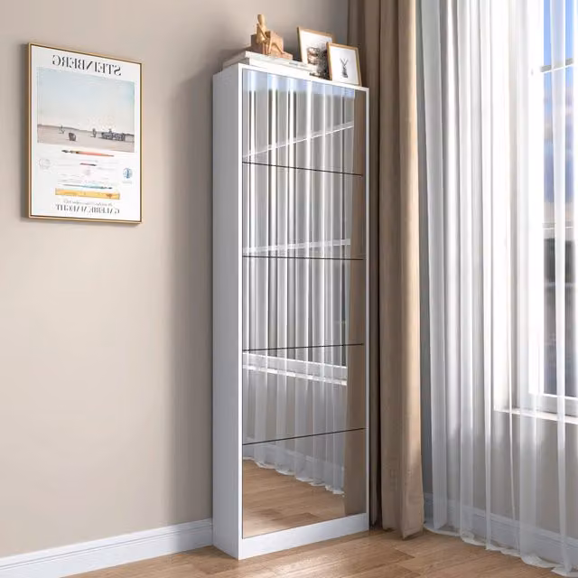 Scarpiera con specchio ¨C Minimal ¨C bianco, legno, 5 cassetti a ribalta, per ingresso, salvaspazio
