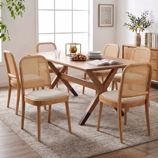 6 Sedie da Pranzo in Legno Massello con Schienale in Rattan, Rivestimento in Lino, Comfort e Design Moderno