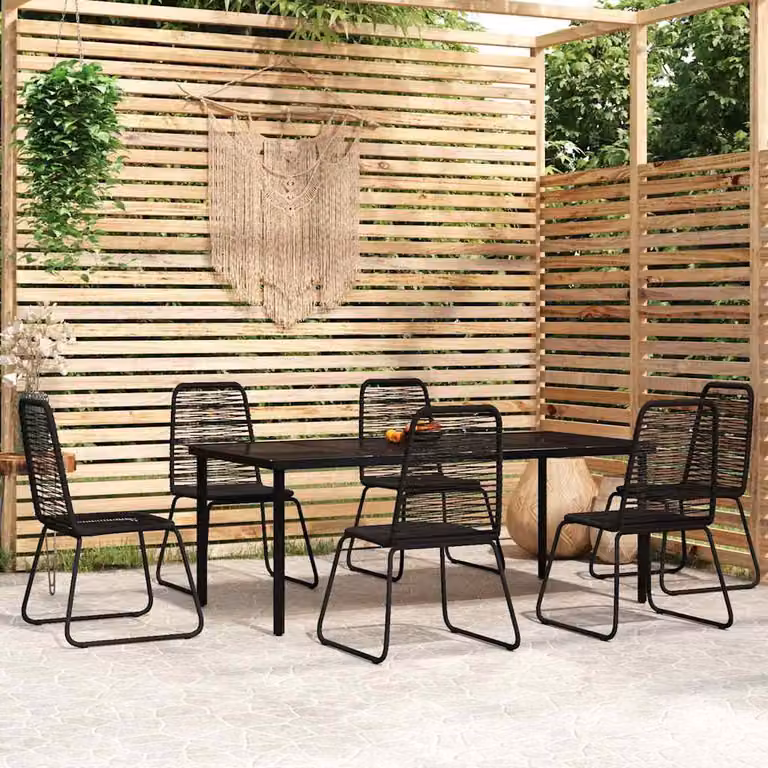 Set da pranzo per giardino vidaXL in polyrattan nero con cuscini e tavolo in vetro, 7 pezzi
