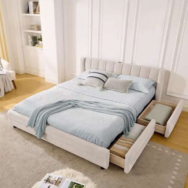 Letto matrimoniale 140 × 200 cm con 4 cassetti laterali USB e USB-C in ciniglia beige con testiera imbottita ergonomica