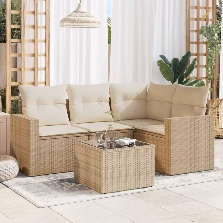 vidaXL Set Divano da Giardino a L 5 pz con Tavolino in Vetro e Cuscini Beige