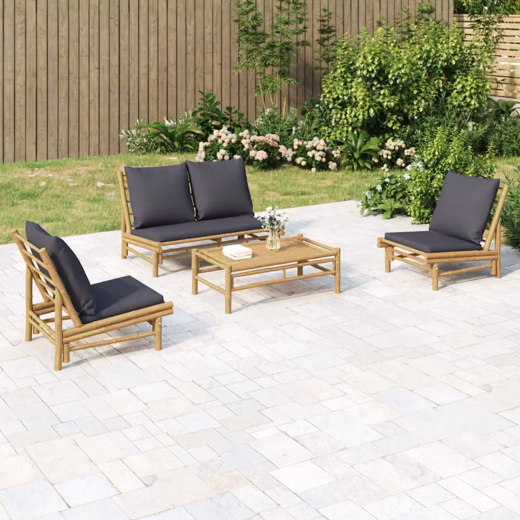 Set Salotto da Giardino vidaXL in Legno di Bambù con Cuscini, 4 Pezzi, Marrone e Grigio