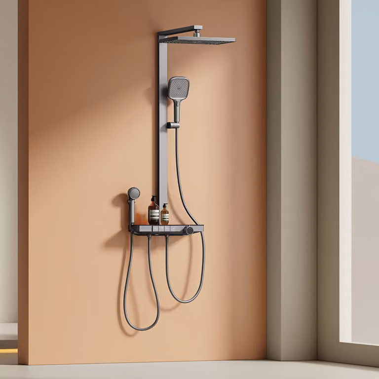 Sistema doccia EMKE® con termostato Antracite opaco con doccia per bambini, display digitale e filtro per il cloro 4 uscite Colonna doccia per famiglie F23