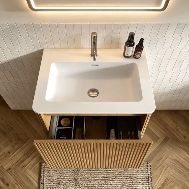 Mobile sottolavabo da bagno da 60 cm con cassetti push-to-open e rientranza a U per piccoli spazi