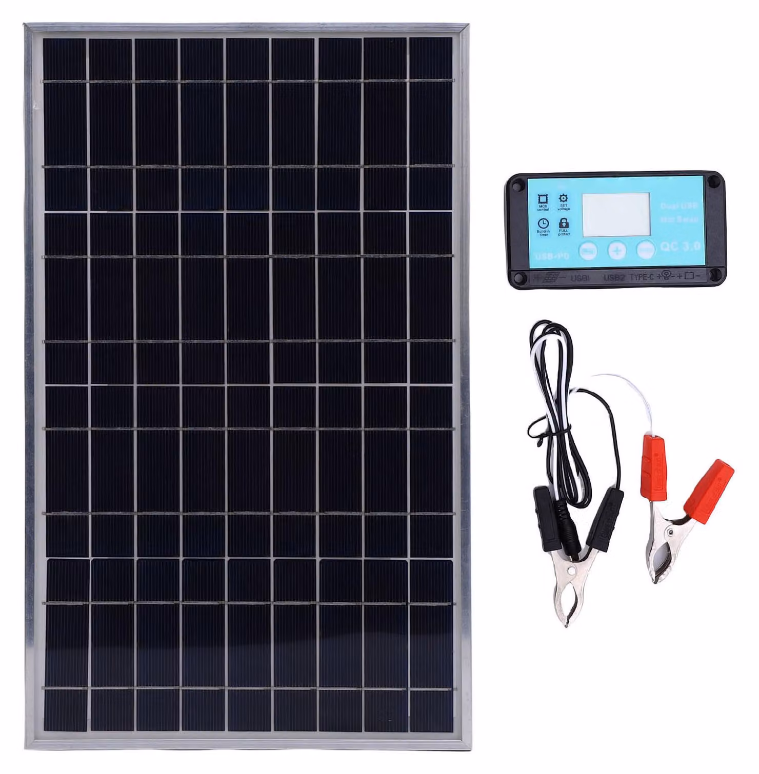 Set regolatore per pannelli solari, caricabatterie con telaio in alluminio da 100 W e caricabatterie da 12 V 10–50 A per camper, auto e barche