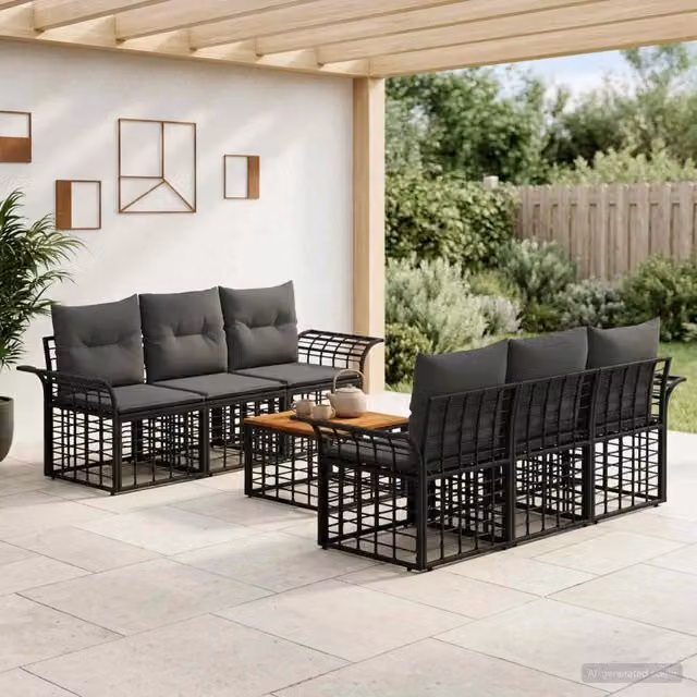 Set di divani da esterno 7 pezzi vidaXL in polyrattan nero e grigio con cuscini inclusi per giardino e terrazza – 1
