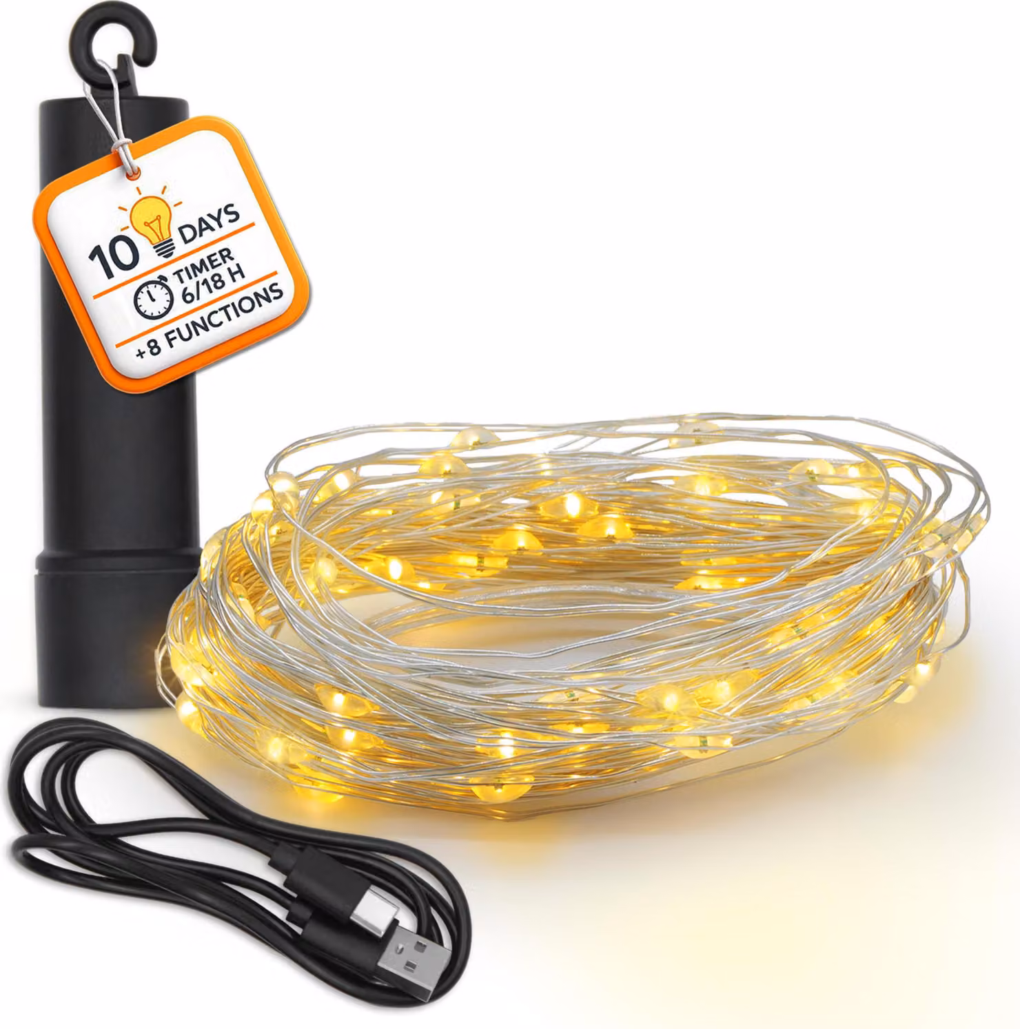 Catena luminosa da esterno, ricaricabile, 10 metri, con timer - 100 LED - Illuminazione decorativa per giardino, luce bianca calda, con 8 funzioni
