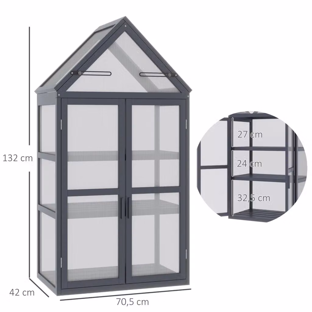 Serra mini WISHDOR in legno con 3 ripiani, tetto apribile e doppie porte, grigio, L: 70,5 cm, P: 42 cm, H: 132 cm – 2