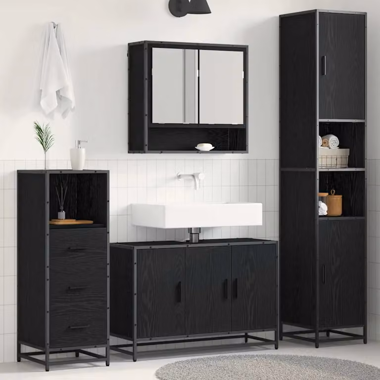 Set di mobili per il bagno moderno vidaXL in 3 pezzi, Rovere e Nero, con armadietto a specchio, mobile lavabo e colonna alta