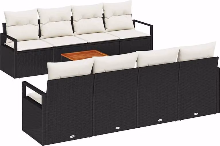 Set Divano da Giardino con cuscino 9 pcs Nero polyrattan